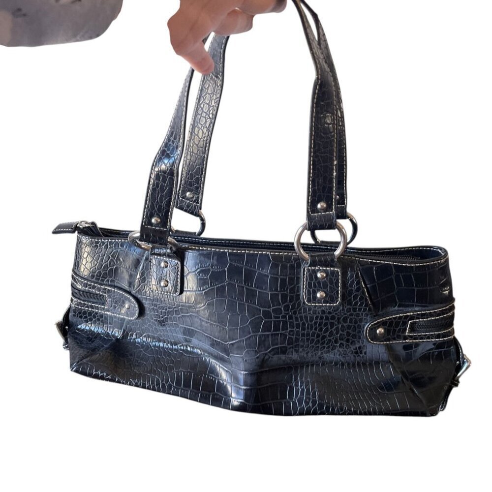 Y2K Vegan Leather Croc Embossed Rectangle Shoulder Bag 2000's Vintage - Picture 2 of 13
